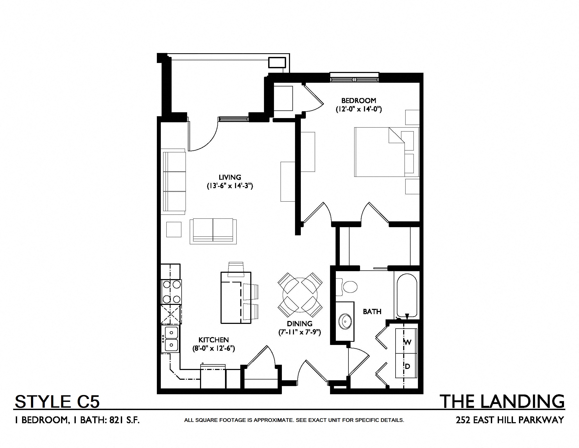 Floor plan for 1 bed, 1 bath, 821 sqft